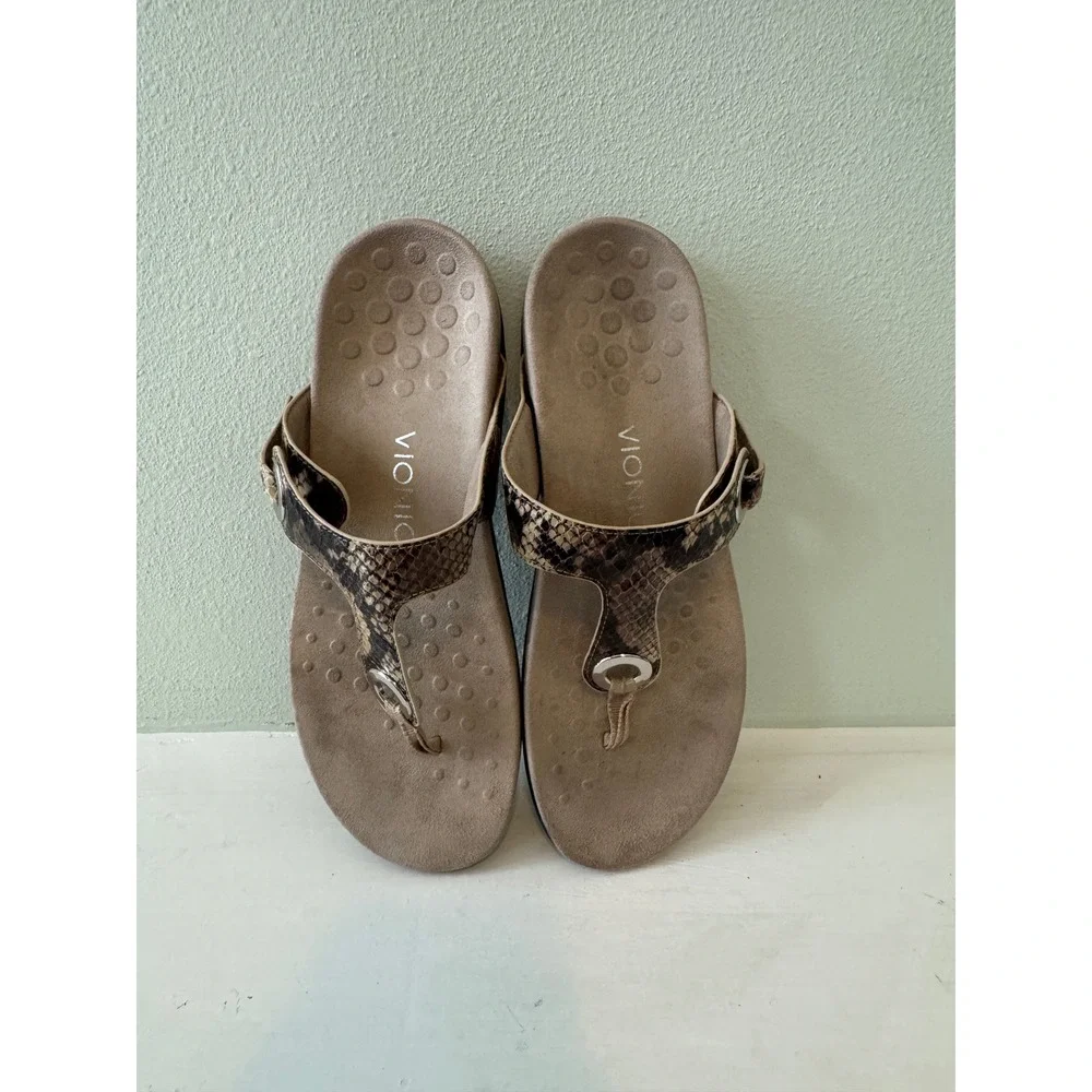 Vionic Lana Snake Print Thong Sandals Tan Brown Orthotic Womens Size 9